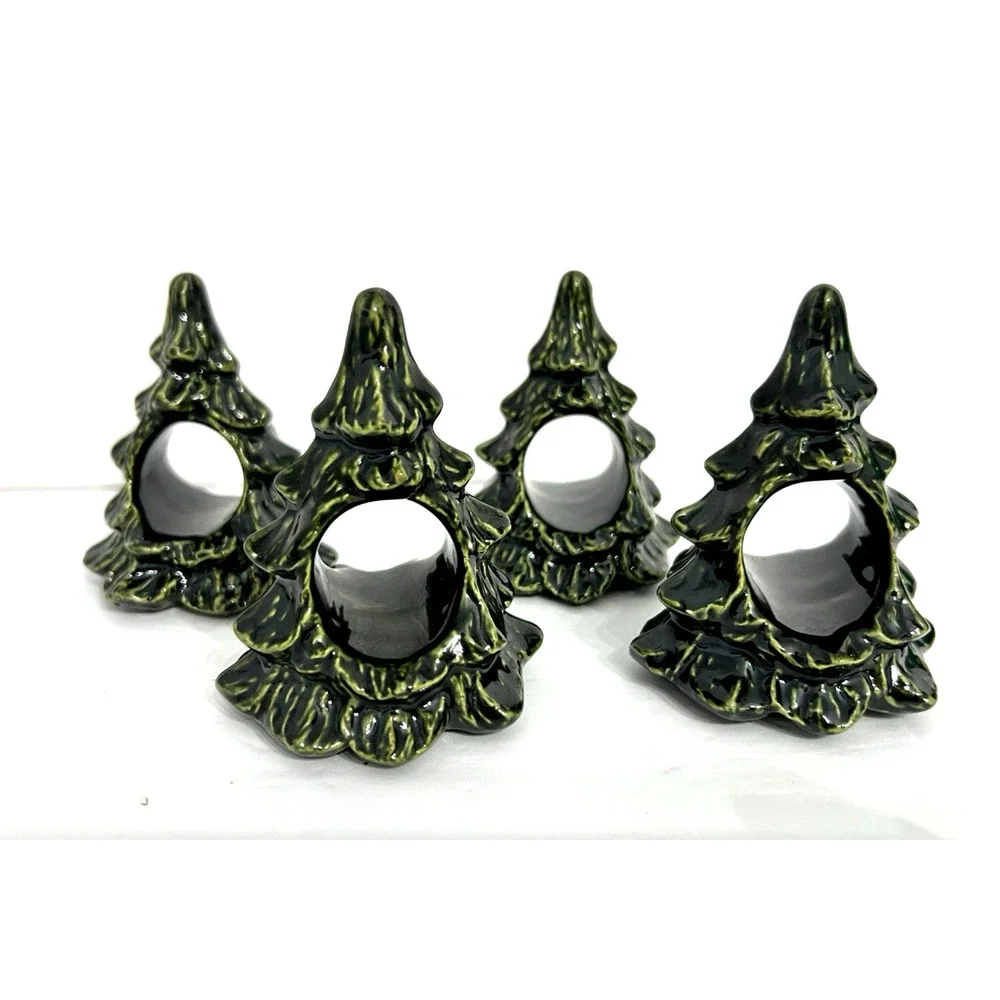Vintage Ceramic Christmas Tree Napkin Rings Holders 3.5” X 3” Green Lot of 4
